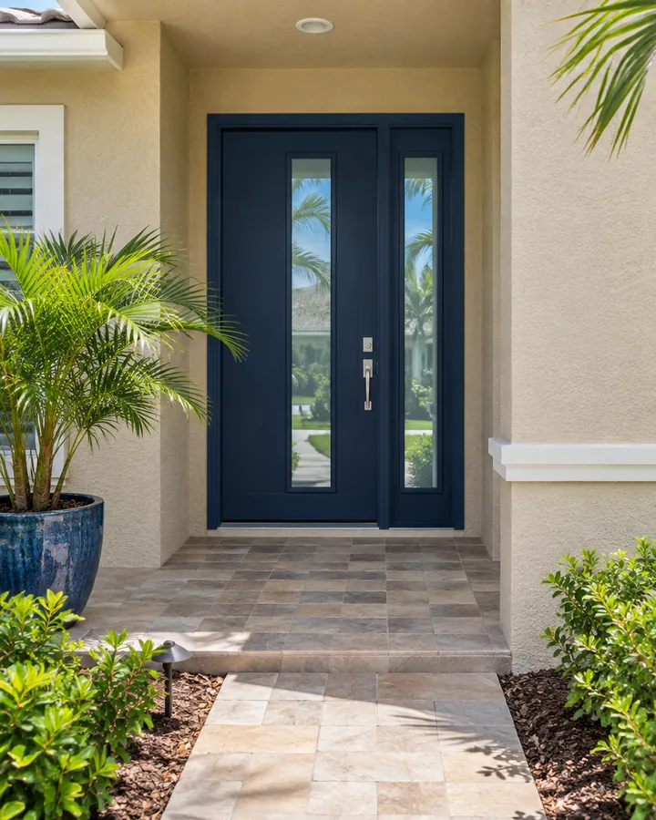 Navy front door with tall glass panels on a stucco Florida home