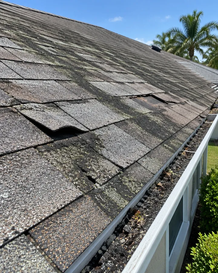 Worn asphalt shingles, some curling and cracked, with granules in the gutter