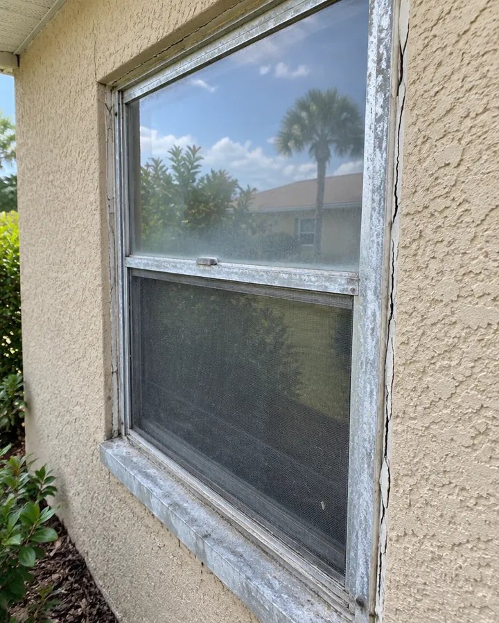 Old aluminum window frame with white oxidation and cracked caulk
