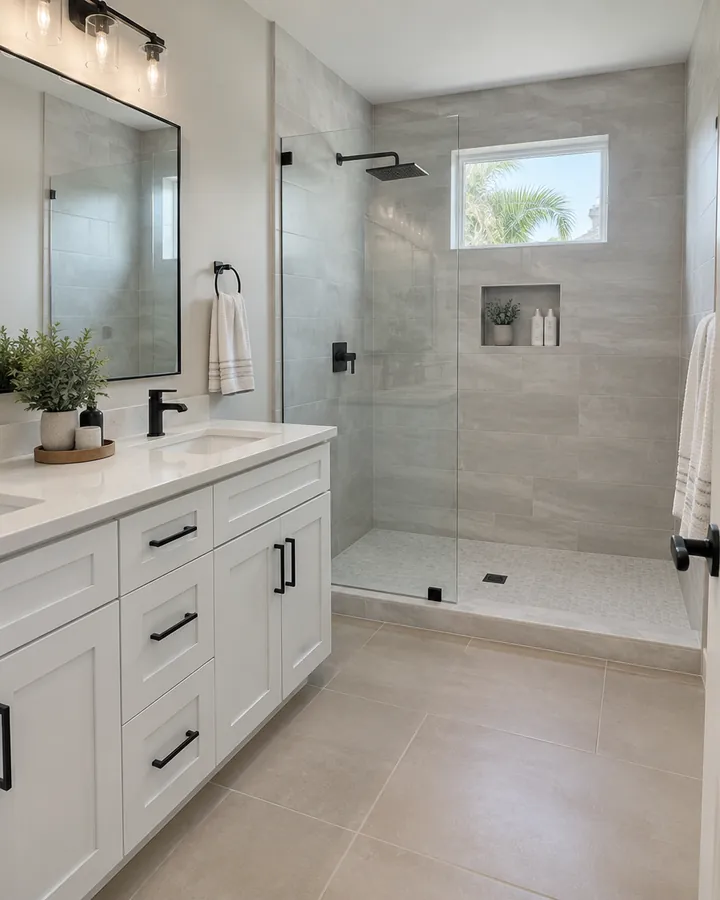 Bathroom with a white vanity and a glass walk-in shower
