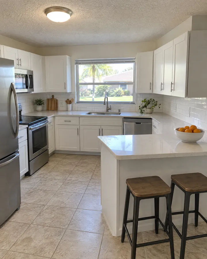 Bright kitchen with white cabinets, stainless appliances and a small island