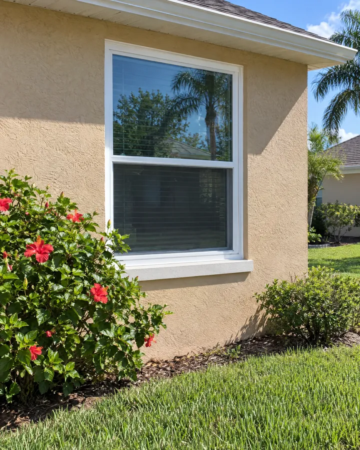White double-hung window on a beige stucco house with red hibiscus flowers